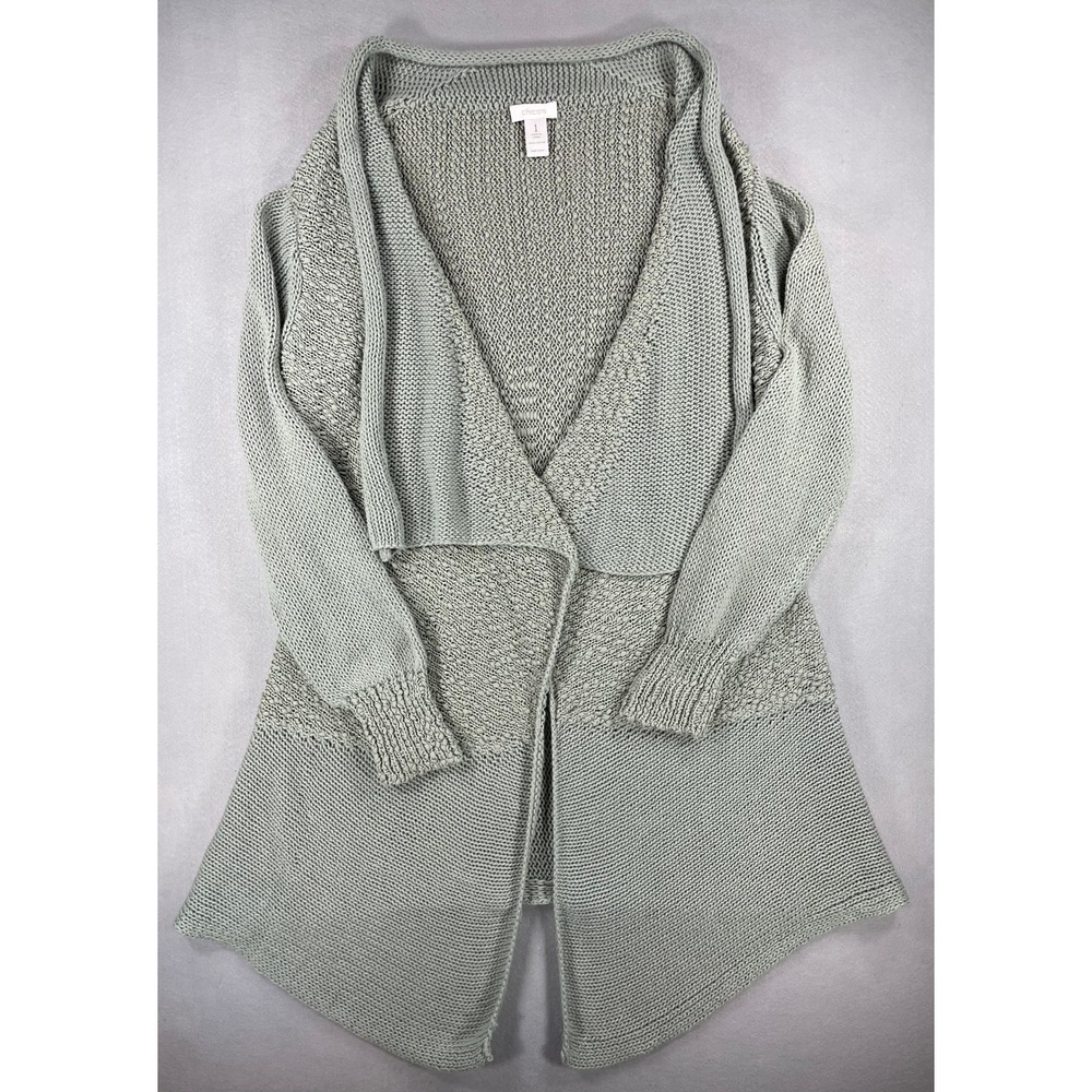 Chico's Womens Cardigan Open Front Sage Green 100% Cotton Textured Knit Size 1